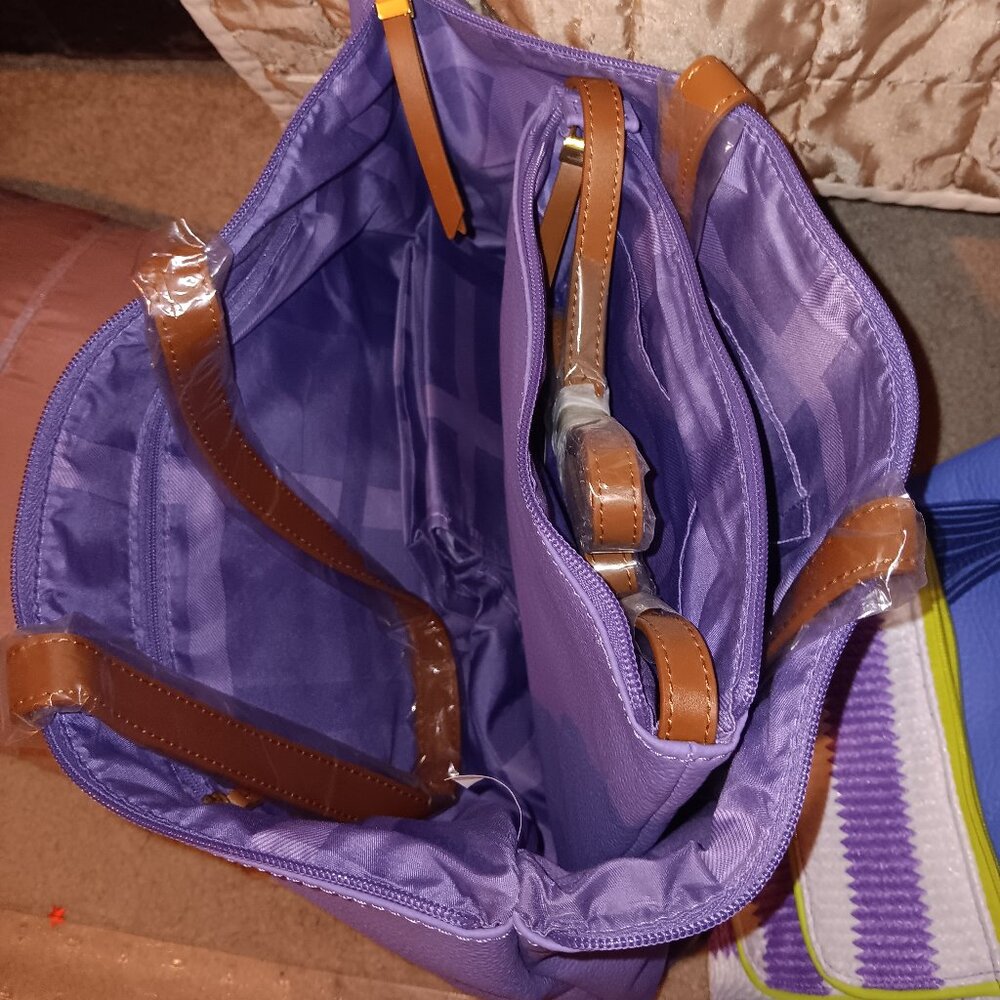 JOY MANGANO LAVENDER LEATHER CROSSBODY BAG ALONG WITH A MATCHING LARGER TOTE